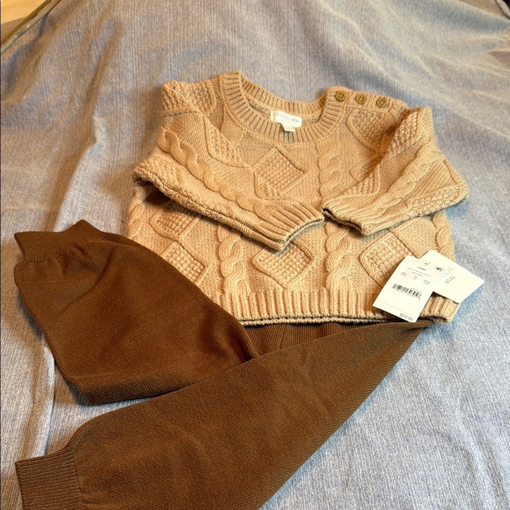 Tan and Brown Knit Matching Set with Ribbed Detailing